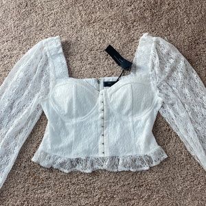 White Lace Corset Flounce Sleeve Cropped Blouse